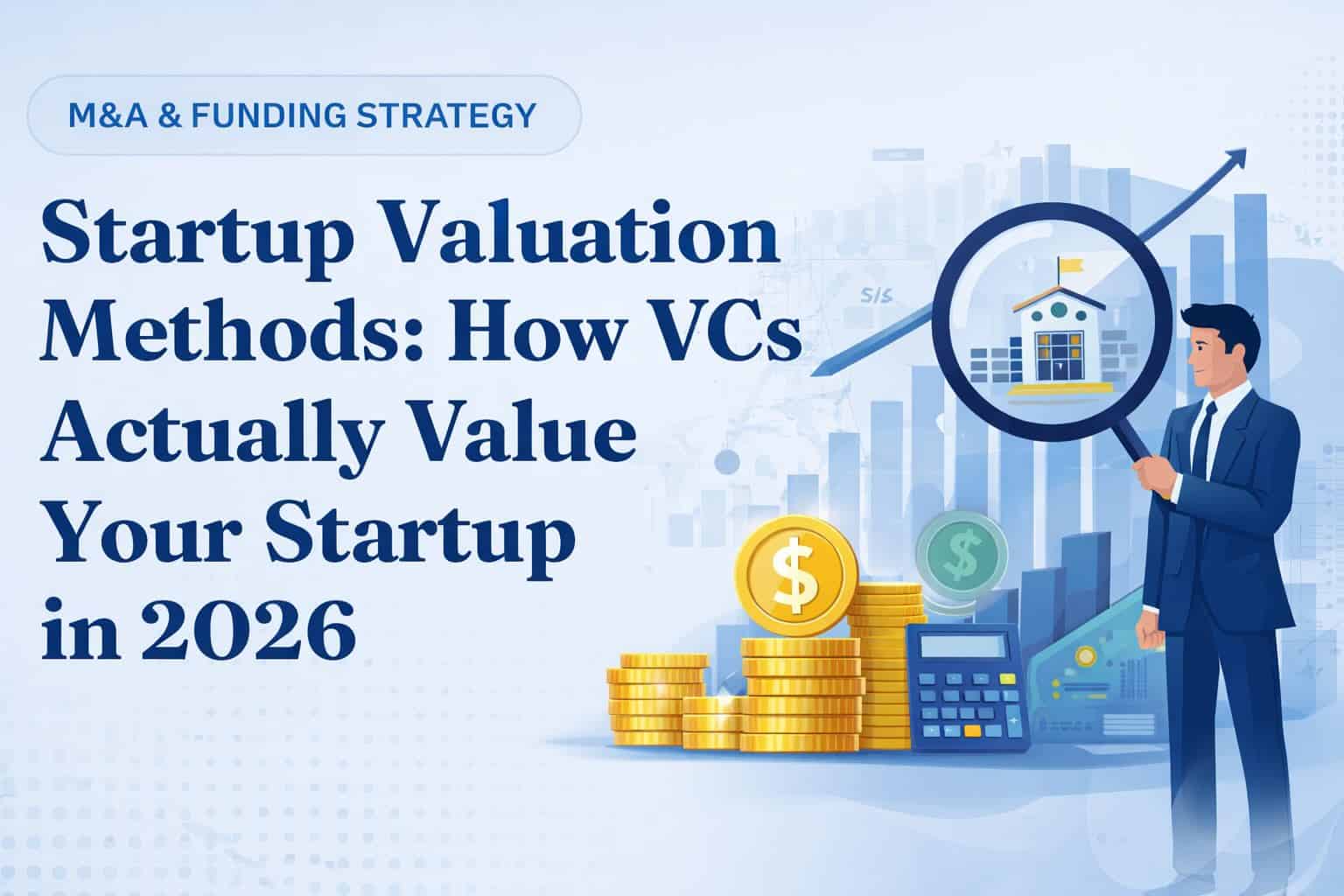Illustration of startup valuation analysis with a businessman and financial icons.